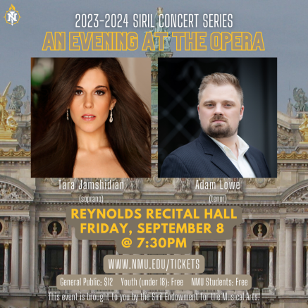Poster with "An Evening at the Opera", photos of Tara and Adam, and event info